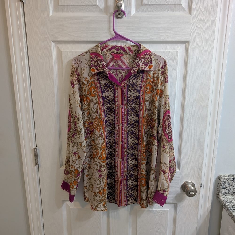 Sunny Leigh Womens Paisley Polyester Blouse Long Sleeve Button Down - Size L